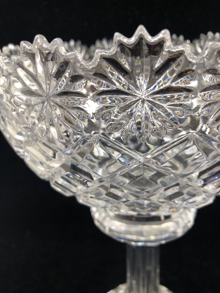 VTG LARGE GLASS CHALICE W/FLOWERS & SAWTOOTH RIM.