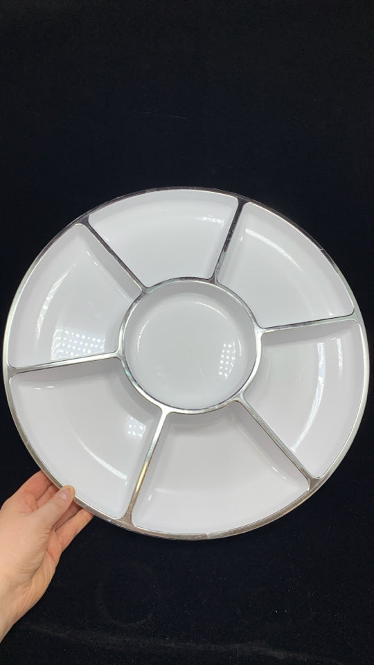 WHITE MELAMINE SNACK SERVING TRAY W/SILVER RIM.