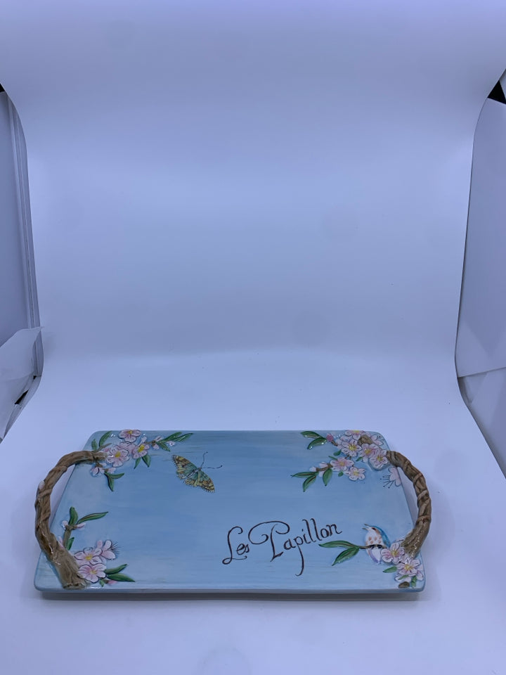 LIGHT BLUE LE PAPILLION PINK FLORAL TRAY W HANDLES.