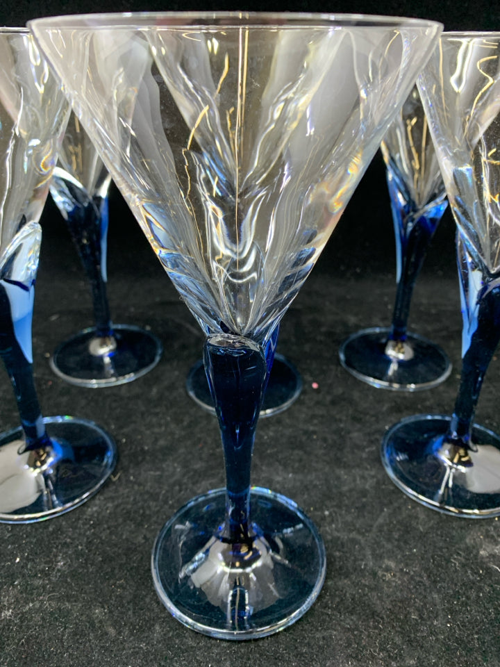 6 BLUE STEM CHAMPAGNE FLUTES.