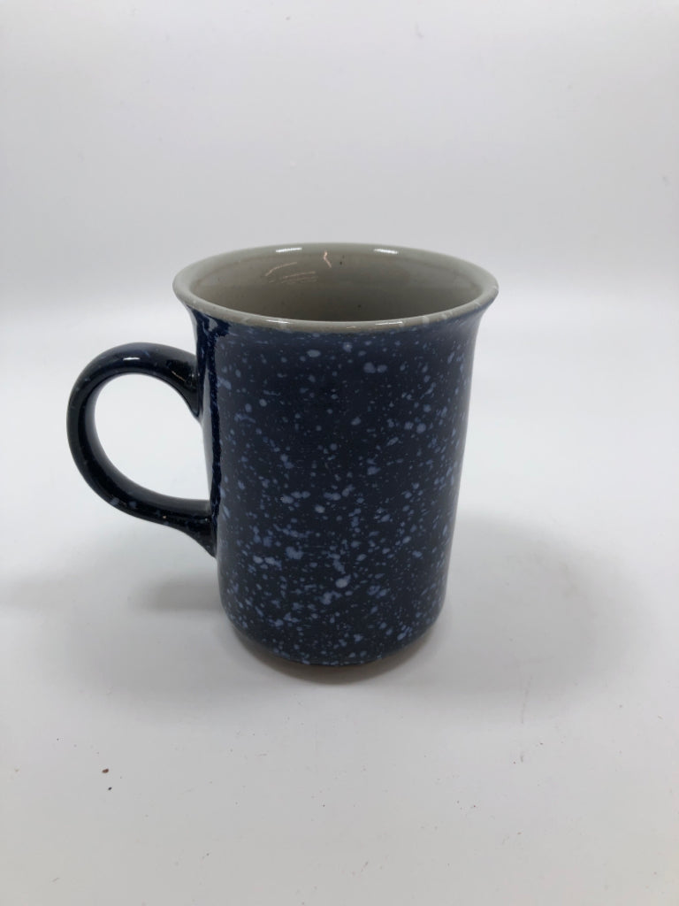 4 COBALT BLUE SPECKLED MUGS.
