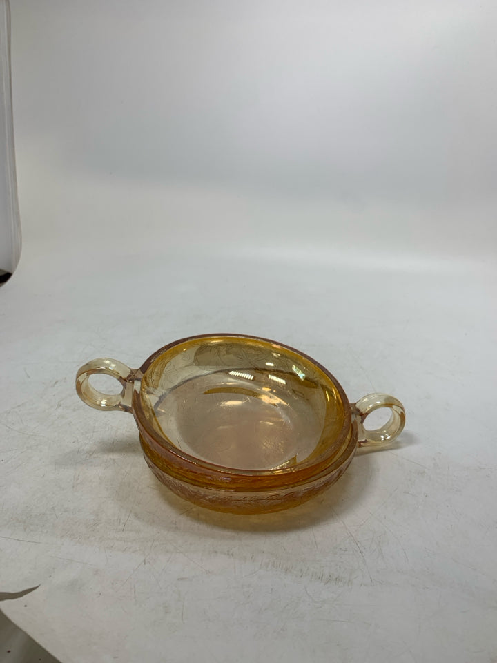 2 VTG SHALLOW PEACH IRIDESCENT GLASS BOWLS W/ HANDLES EMBOSSED LEAVES.