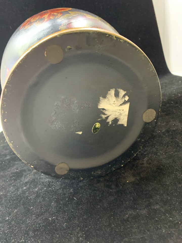 GOLD TRIM/RED PAINTED FLOWERS HEAVY BLACK VASE.