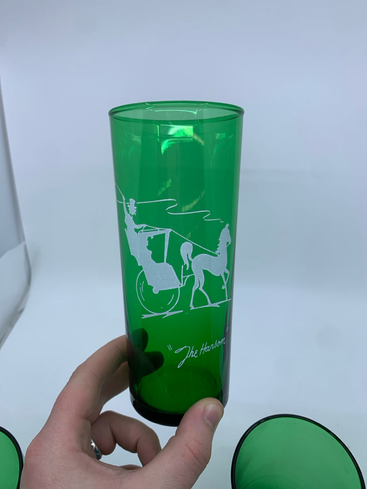 4 VTG GREEN GLASS WATER/ TALL COCKTAIL GLASSES.