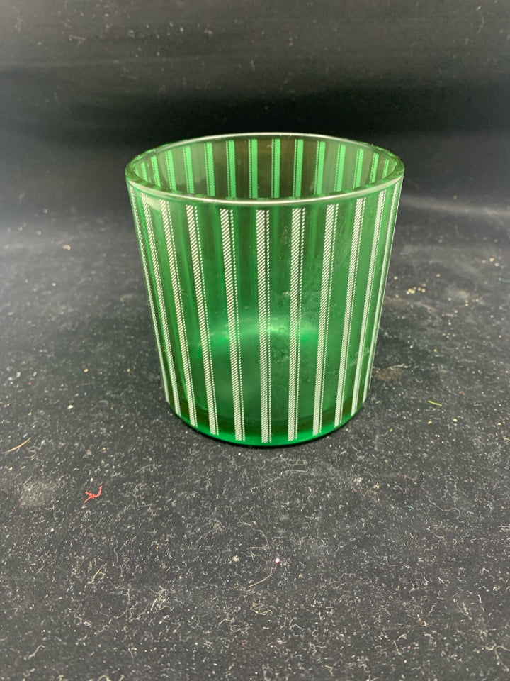 GREEN GLASS WITH WHITE DETAIL CANDLE HOLDER.