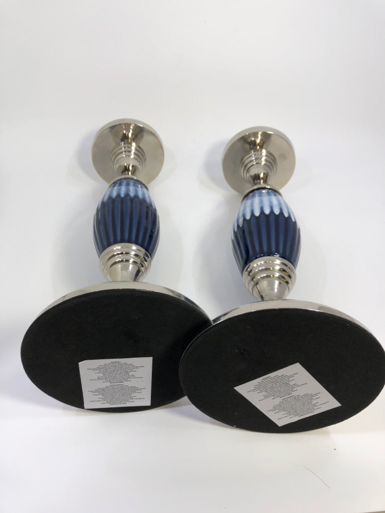 2PC BLUE & WHITE DIPPED SILVER CANDLESTICK HOLDER.
