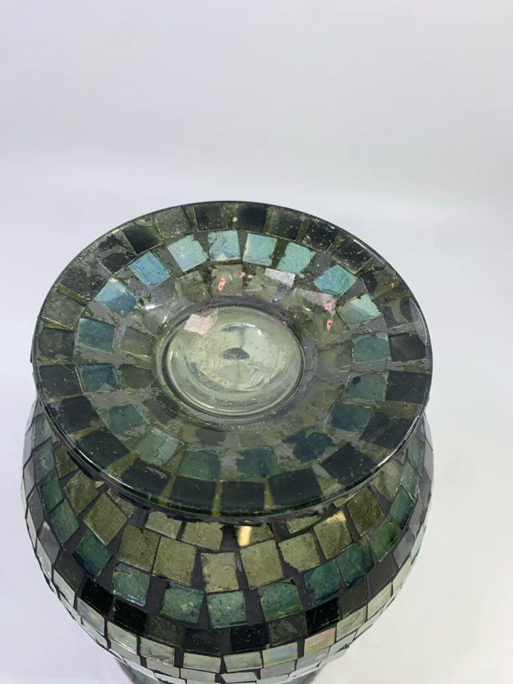 TEAL/BLACK MOSAIC FOOTED VASE/ CANDLE HOLDER.