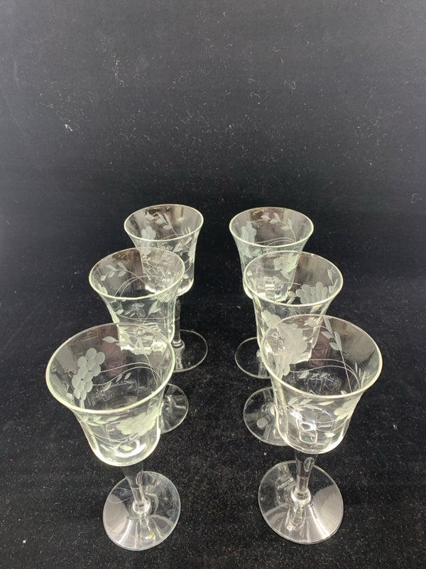 6 ETCHED WINE GLASSES.