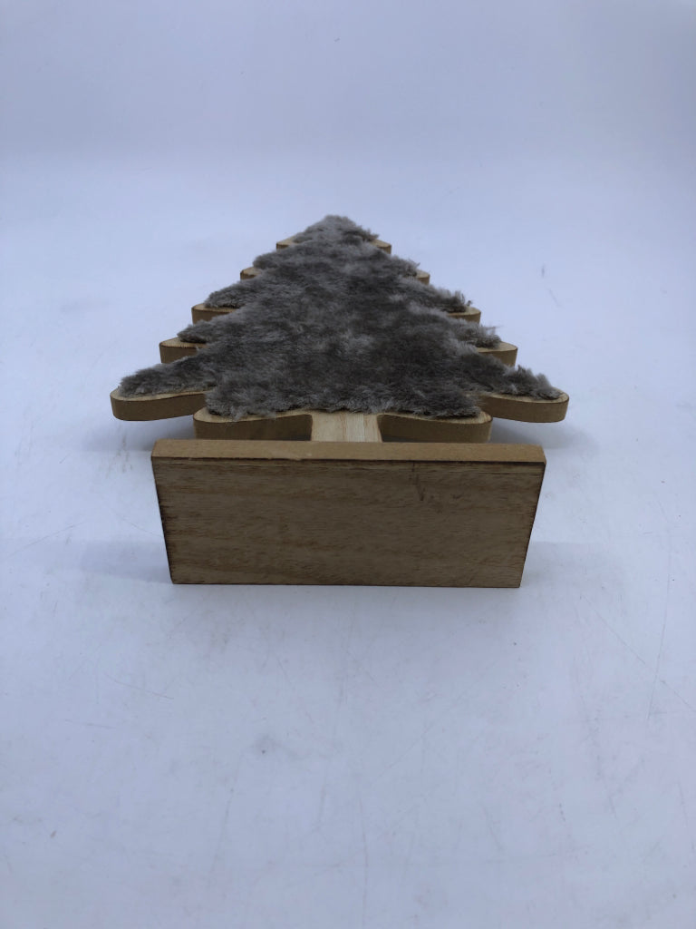 SMALL WOODEN WITH FUZZY GREY CHRISTMAS TREE WITH WOODEN BASE.