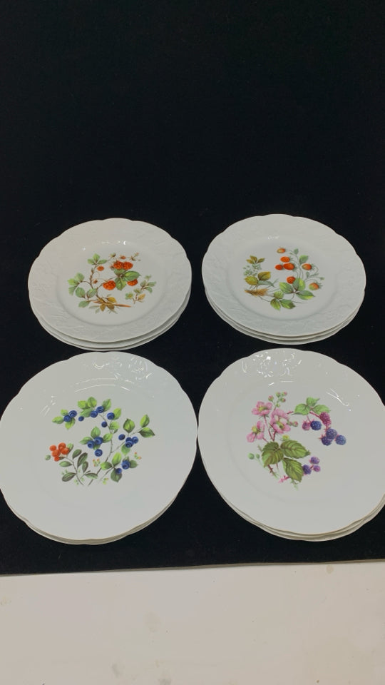 12 DANSK FRUIT PAINTED APPETIZER PLATES W/SCALLOPED EDGE.