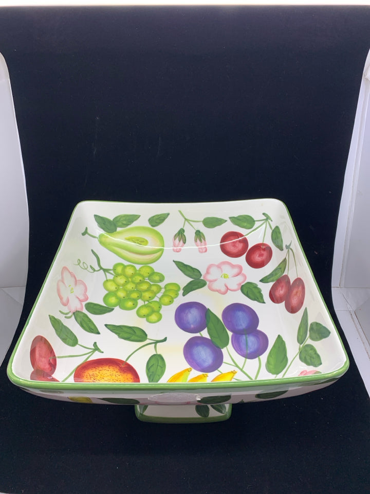 LARGE CERAMIC FOOTED SQUARE SERVING BOWL ASSORTED FRUIT DESIGN.