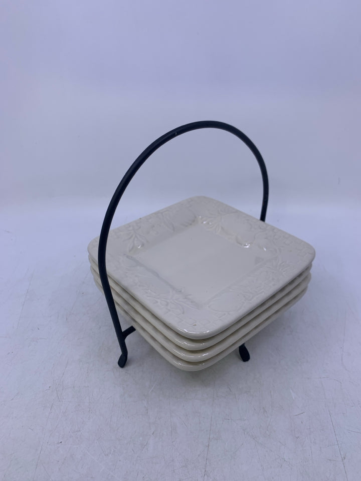 4 EMBOSSED FRUIT SQUARE SNACK PLATES IN BLACK STAND.