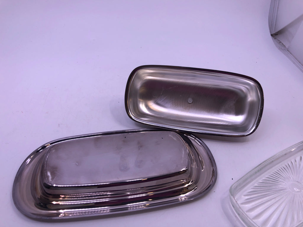 METAL + GLASS BUTTER DISH.