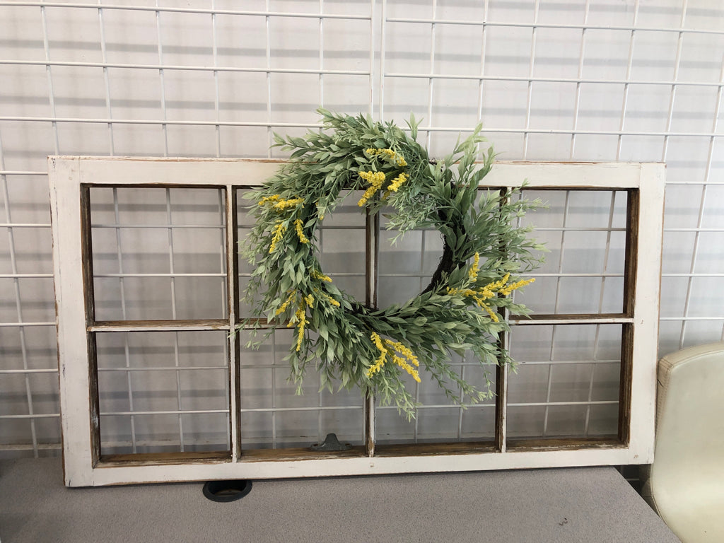 RECLAIMED WOOD WINDOW WALL HANGING W/FAUX WREATH.