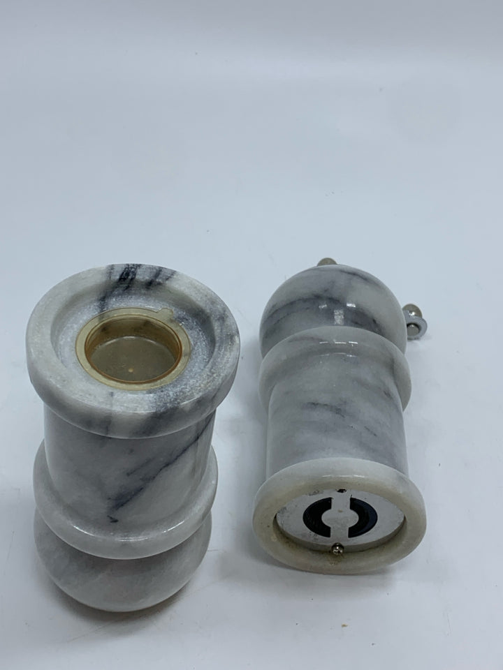 WHITE MARBLE SALT SHAKER AND PEPPER GRINDER.