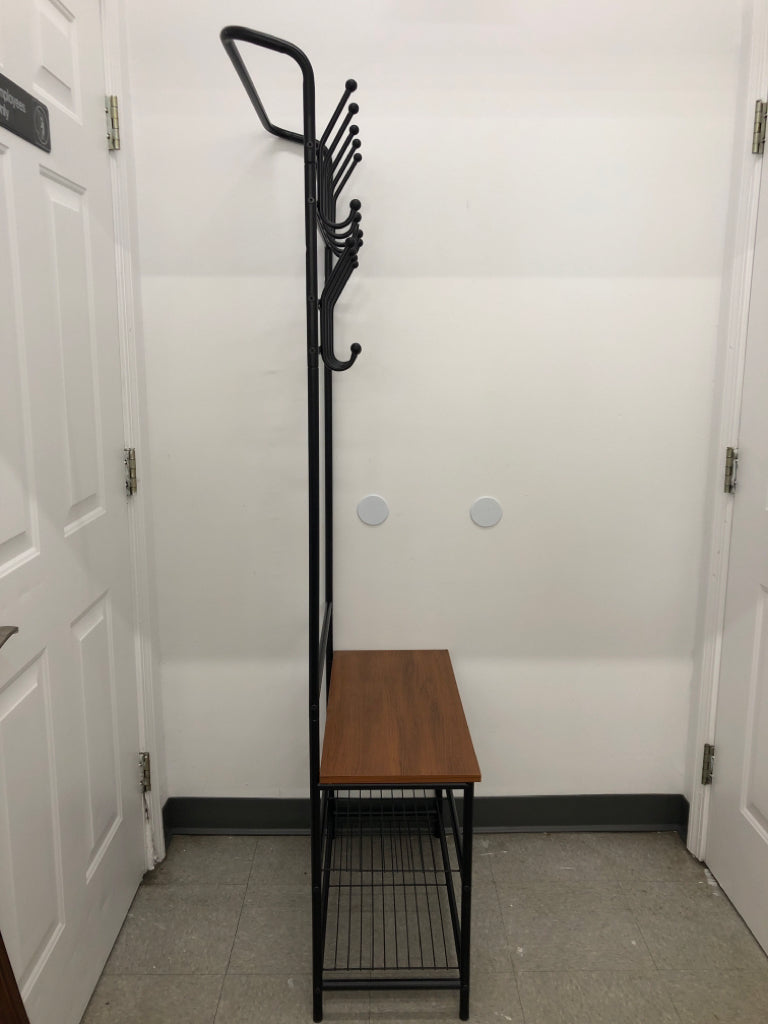 HALL TREE W/COAT HOOKS, SHOE STORAGE- BLACK METAL.