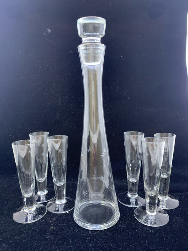 7PC DECANTER SET W/ ETCHED STARS.