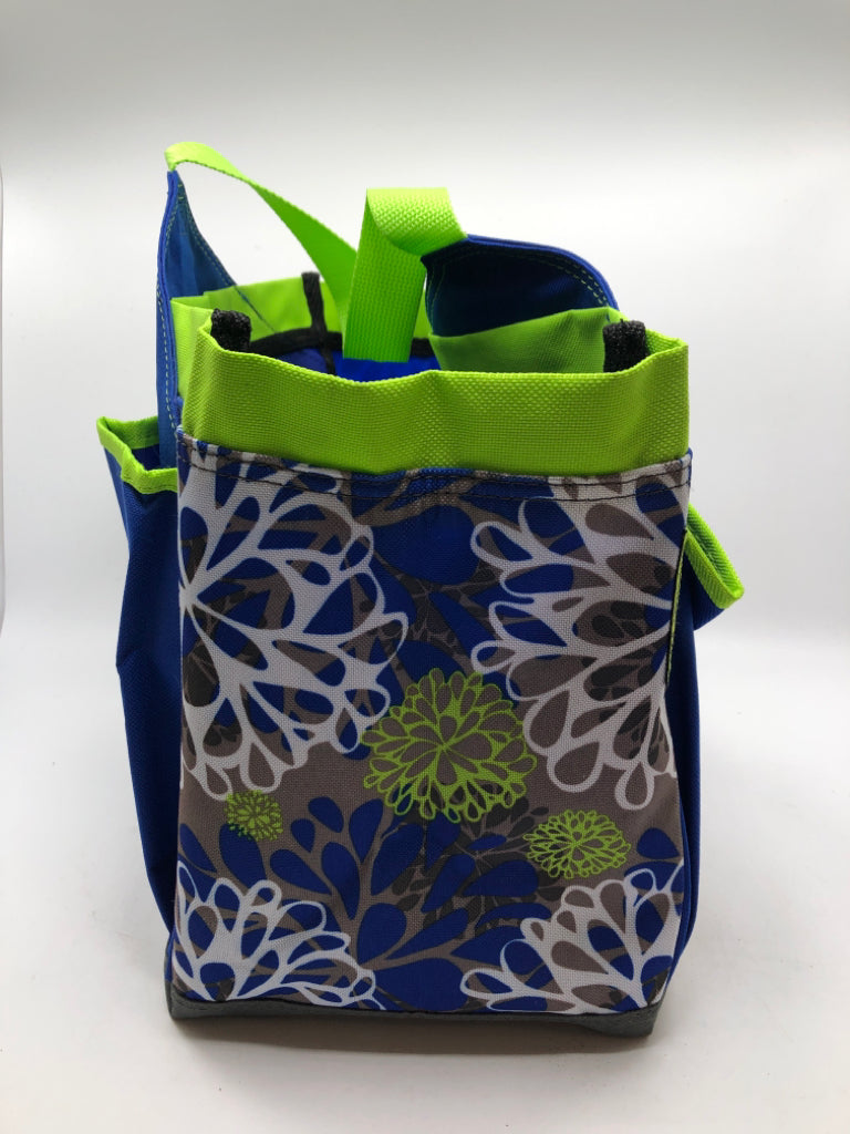 PAMPERED CHEF BLUE FLORAL GARDEN TOOL SET TOTE.