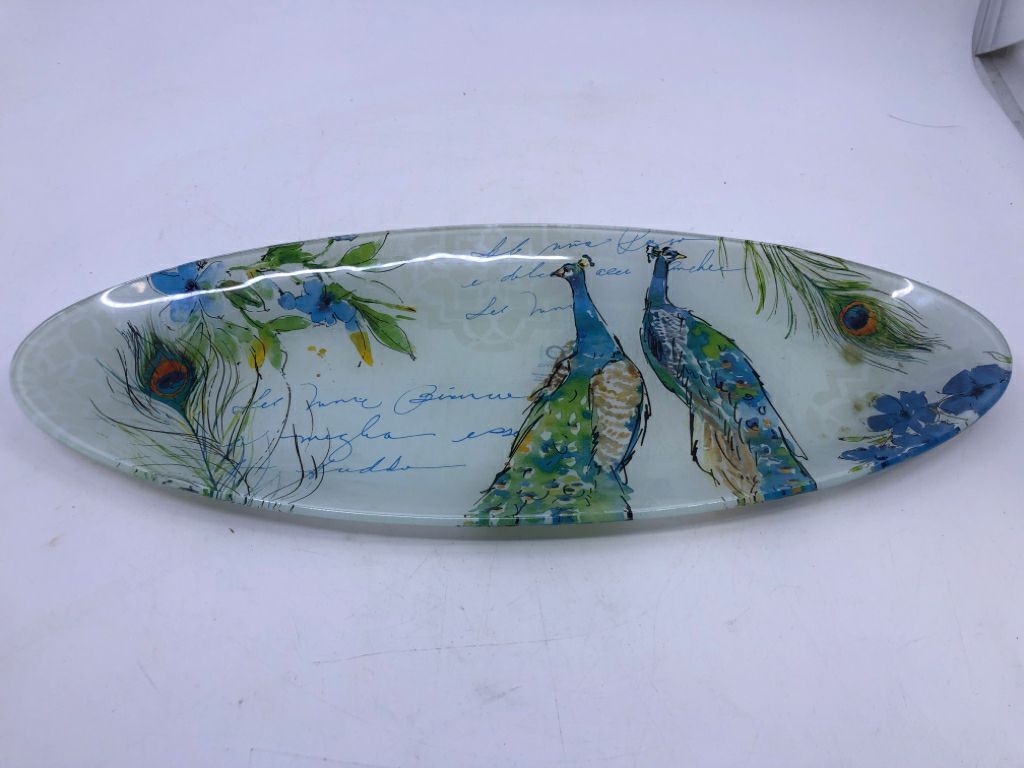 PEACOCK PAINTED GLASS CENTERPIECE.
