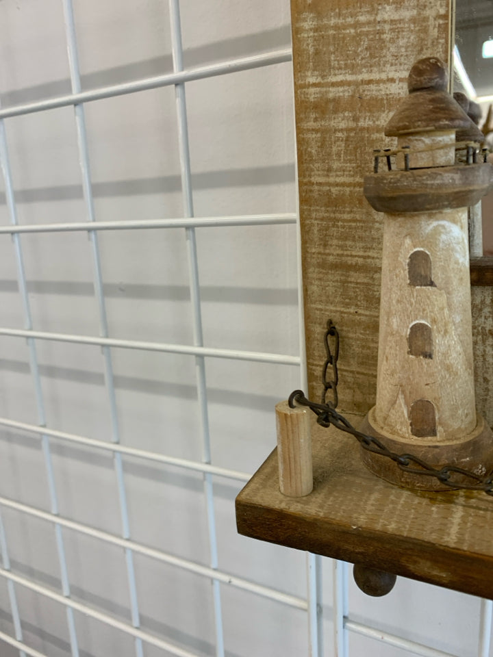 WOODEN LIGHTHOUSE BEACH SCENE MIRROR W/HOOKS.