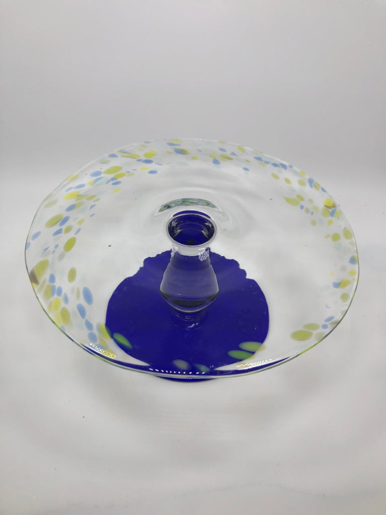 GLASS CAKE STAND W/ COBALT BLUE BASE.