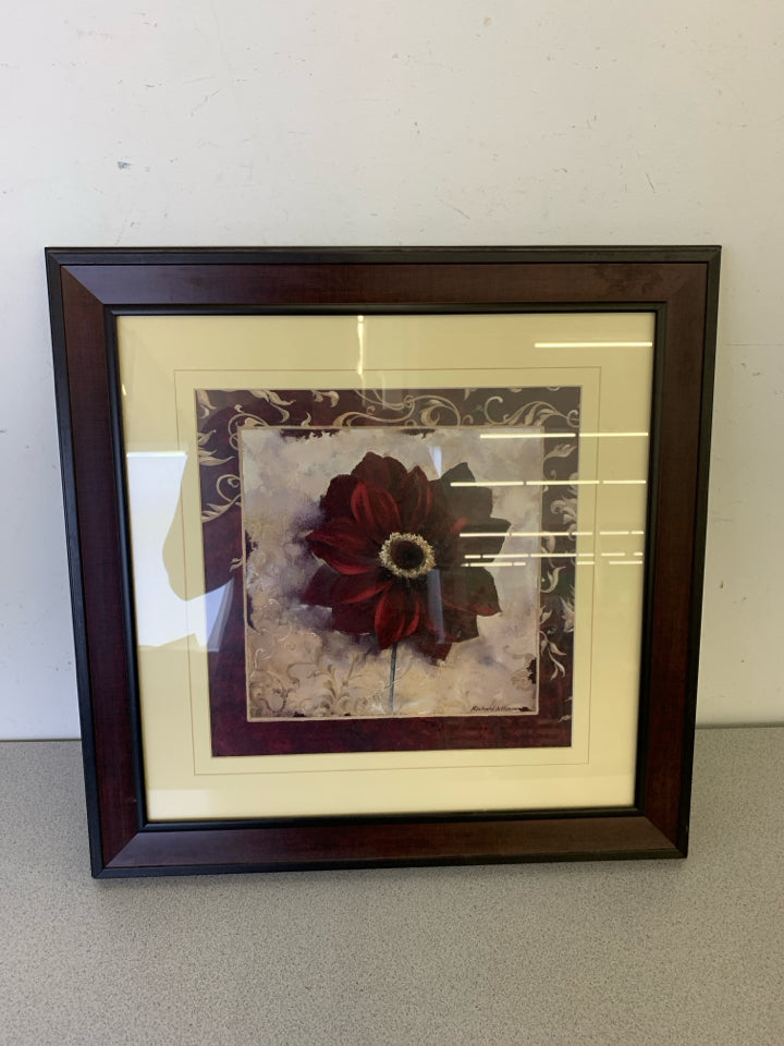 RED FLOWER IN A MAROON FRAME WALL ART.