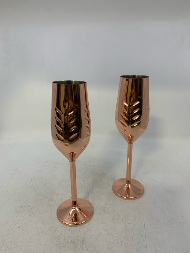 2 COPPER CHAMPAGNE GLASSES.