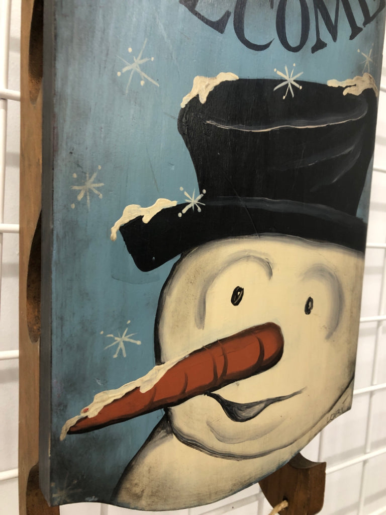 "WELCOME" SNOWMAN PAINTED SLED.