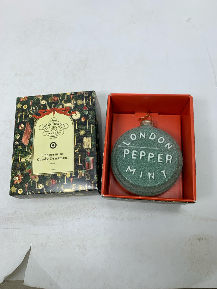 NIB JOHN DERIAN GLASS PEPPERMINT CANDY ORNAMENT.