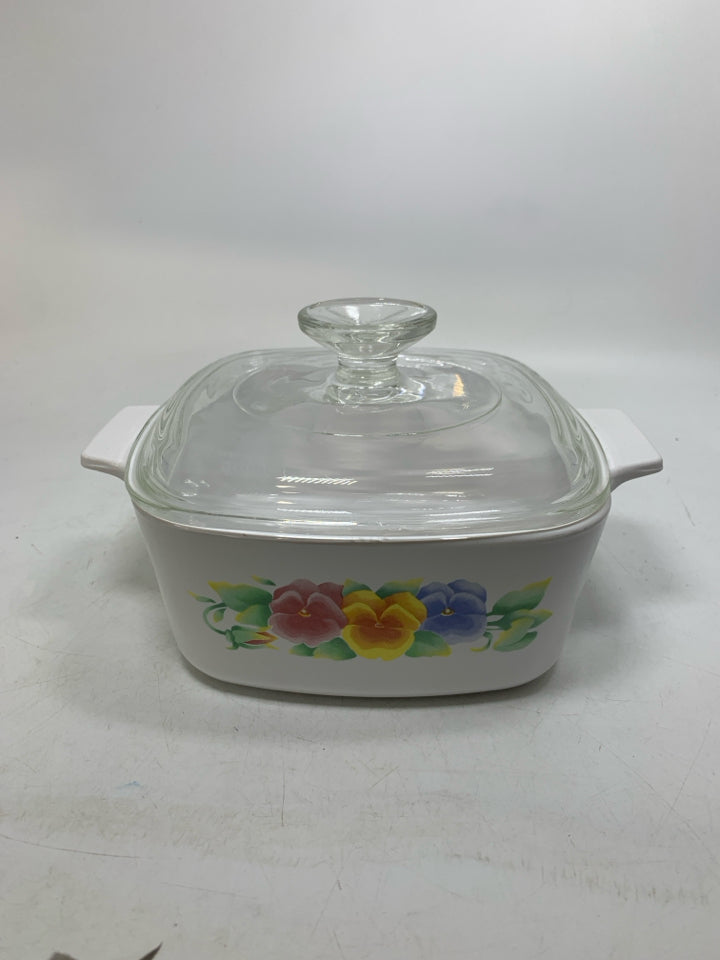 CORNING WARE SUMMER BLUSH PANSY PATTERN CASSEROLE DISH W/ LID.