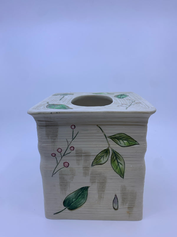 TEXTURED CREAM WITH LEAVES TISSUE BOX COVER.