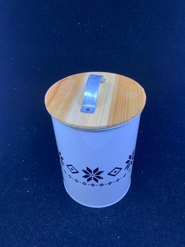 WHITE W/ BLACK DESIGNS METAL CANISTER W/ WOOD TOP.