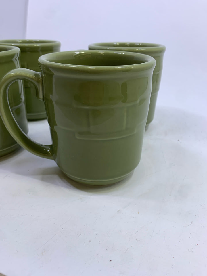 4 GREEN LONGABERGER COFFEE MUGS.