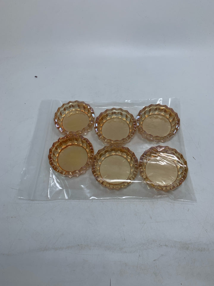 6 VTG PEACH GLASS PERSONAL ASHTRAYS SAWTOOTH EDGE IN BAG.