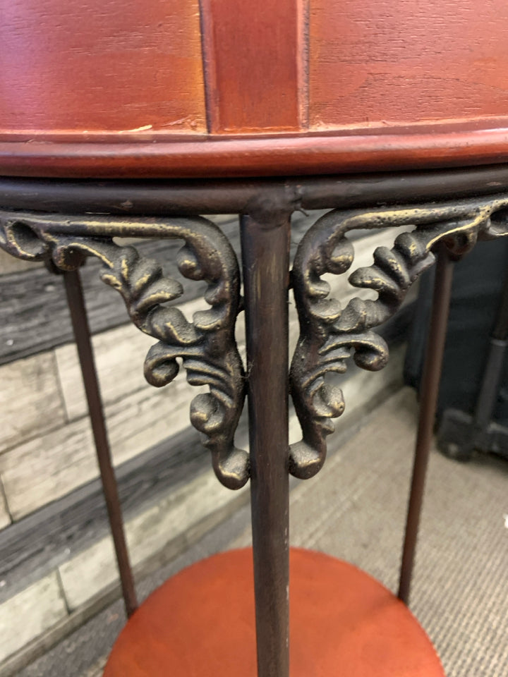 VTG ROUND RED WOOD END TABLE W/ DRAWER.