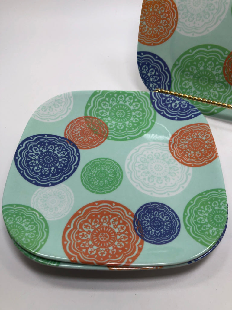 5 TEAL SQUARE MELAMINE PLATES W/MEDALLION PRINT.