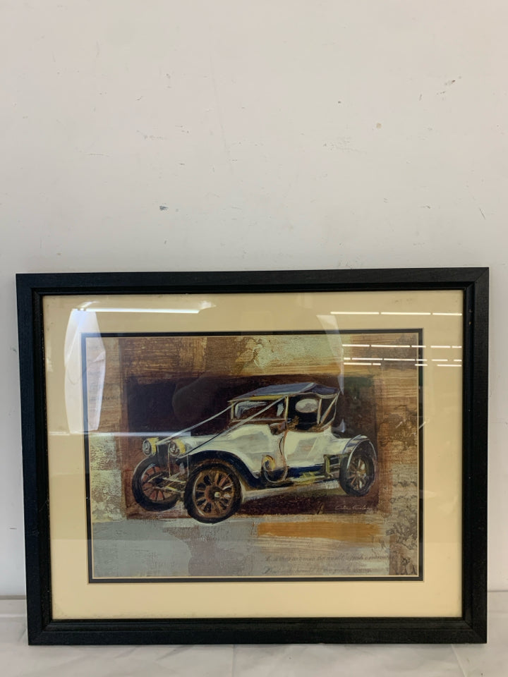 OLD VTG WHITE CAR PRINT WALL HANGING IN BLACK FRAME.