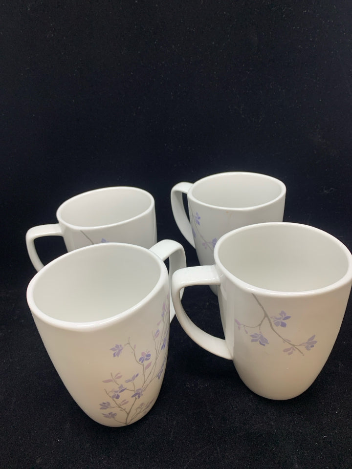 4 CORELLE COORDINATES PURPLE FLOWER MUGS.