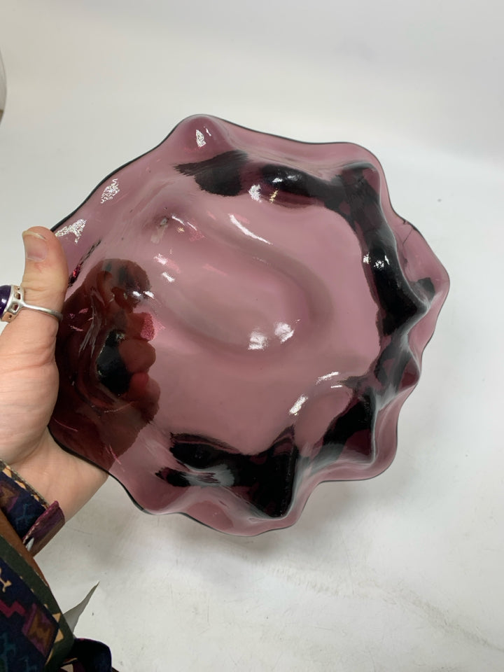 THICK BLOWN GLASS HEAVY PURPLE BOWL UNEVEN EDGES.