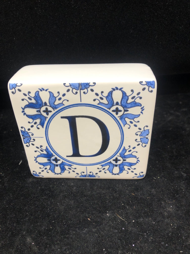 CERAMIC BLUE AND WHITE MONOGRAMMED D.