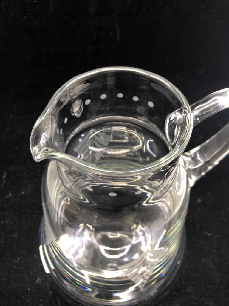 CLEAR GLASS PITCHER W/ ETCHED DESIGNS+STARS.