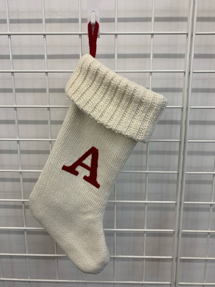 WHITE KNIT STOCKING W/ RED MONOGRAM A.