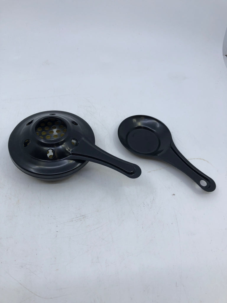 DARK BLUE POTTERY FONDUE SET + FORKS.