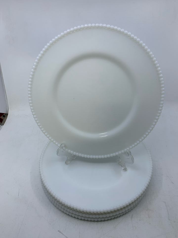 5 MILK GLASS W/ BEADED EDGE DINNER PLATES.