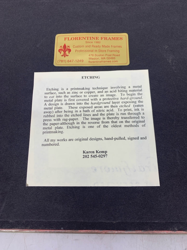 SWALLOW BUTTERFLY ETCHING SIGNED BY ARTIST IN GOLD DETAILED FRAME.