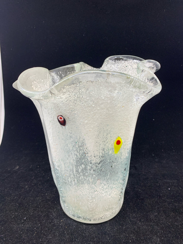 WAVY FROSTED VASE/CANDLE HOLDER W/ COLORED DESIGN.