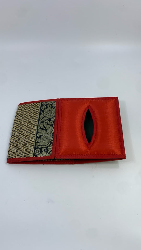 RED FABRIC W/STITCHED ELEPHANTS TISSUE COVER.