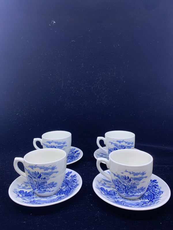 8 PC COUNTRYSIDE WEDGWOOD BLUE AND WHITE TEACUP SET.