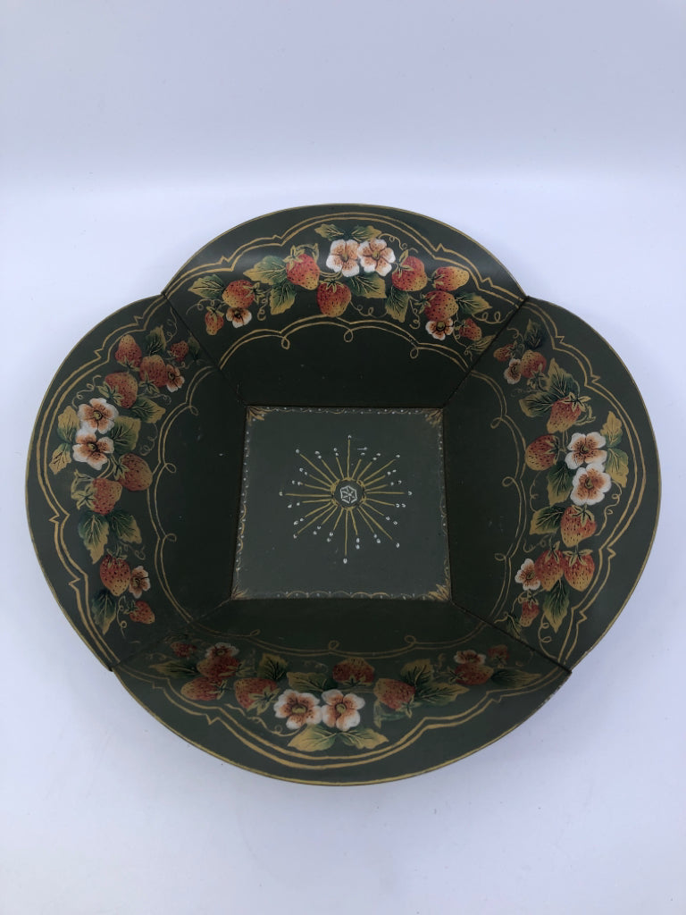 VTG GREEN METAL BOWL W FOLDED EDGED AND PAINTED STRAWBERRIES.