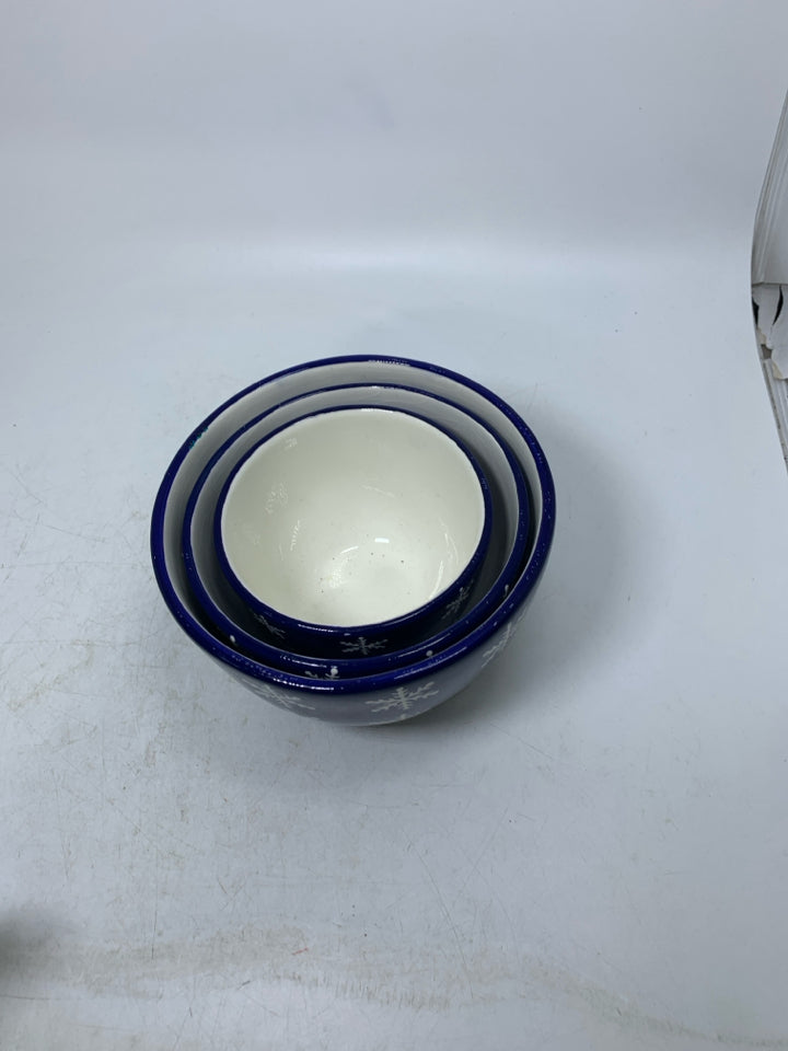 3 COBALT BLUE NESTING BOWLS W/ SNOWFLAKES.